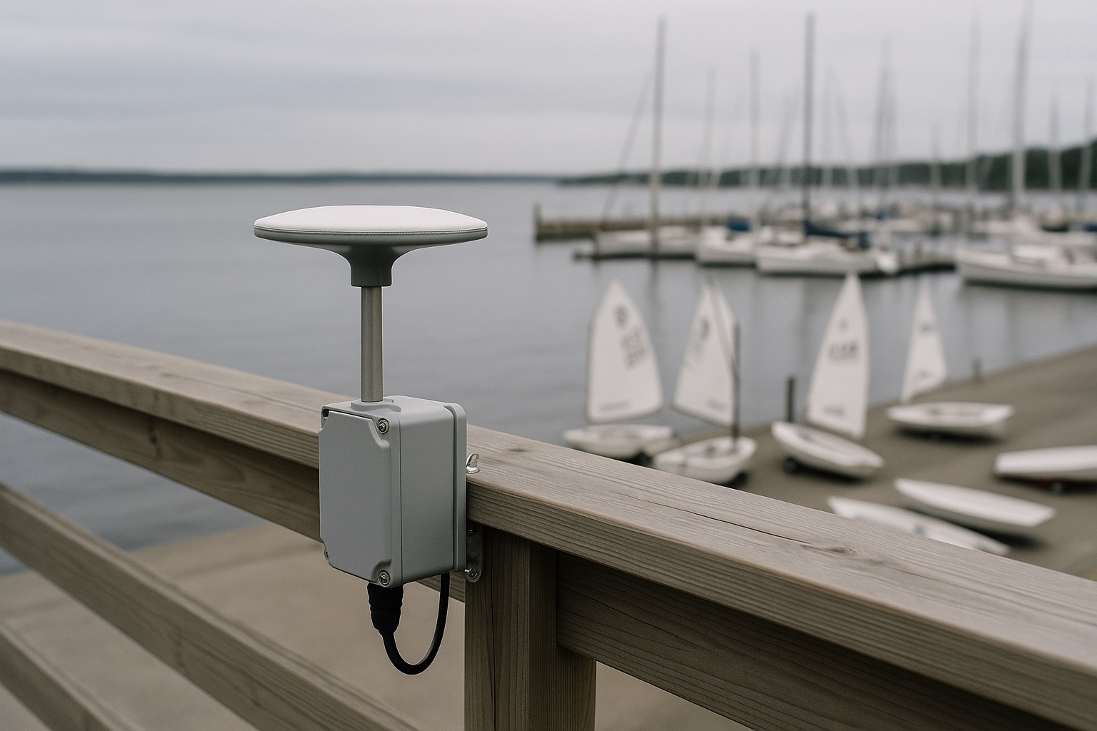 The VMGline base station mounted on a clubhouse railing above the dinghy slipway
