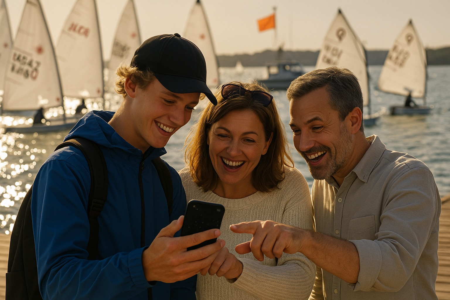 A coach and parents on the club jetty following the race on a phone, dinghies racing behind