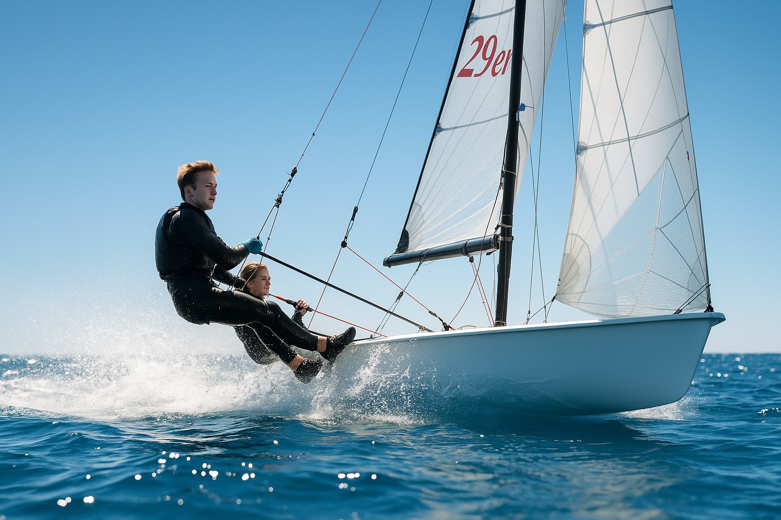 A 29er skiff planing at full speed with both sailors on trapeze and spray flying