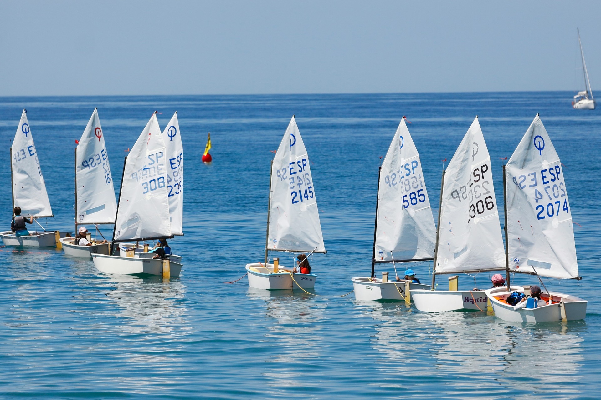 A line of Optimist dinghies waiting at the start on flat blue water