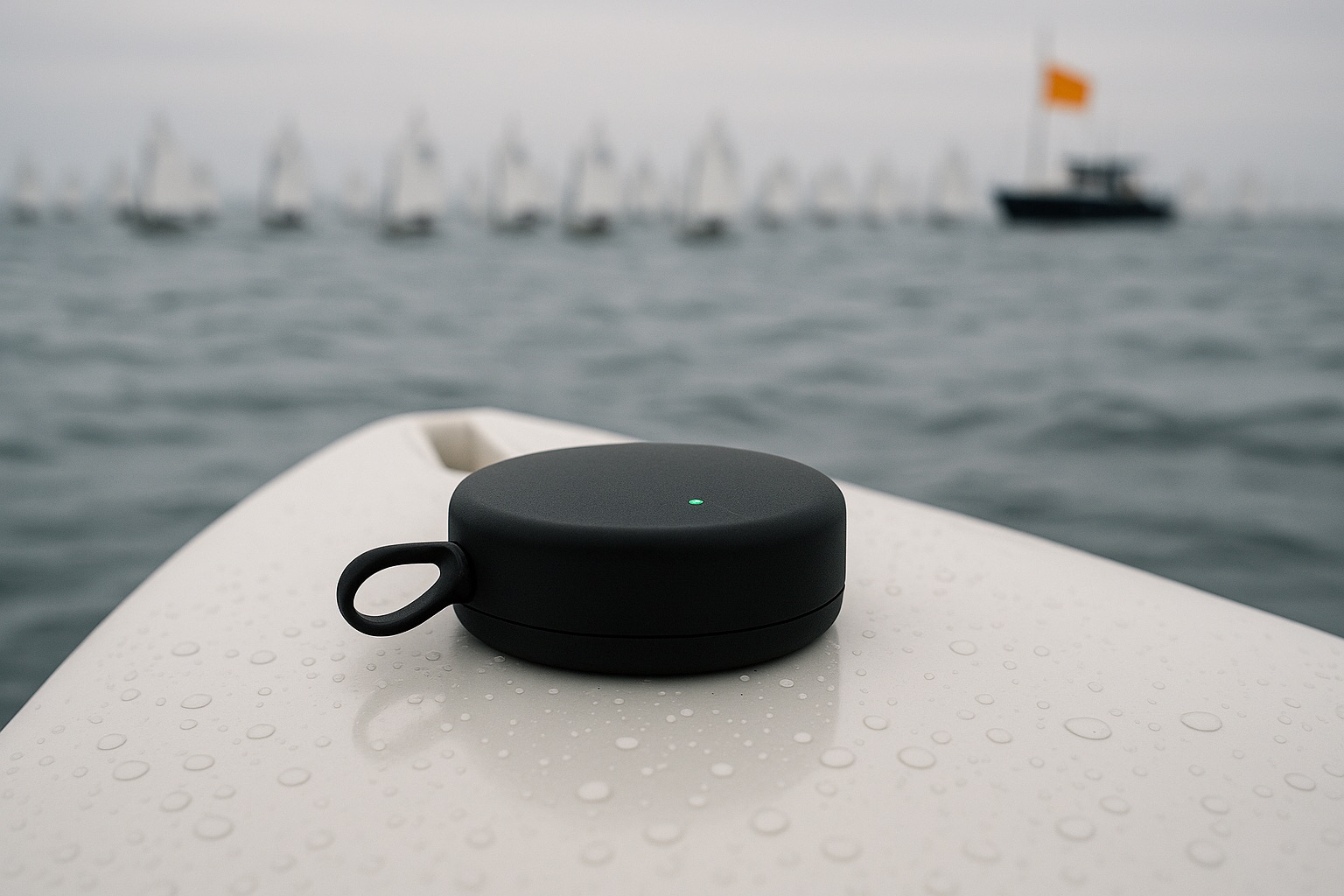 The VMGline RTK puck strapped to the foredeck of an Optimist, with the fleet behind