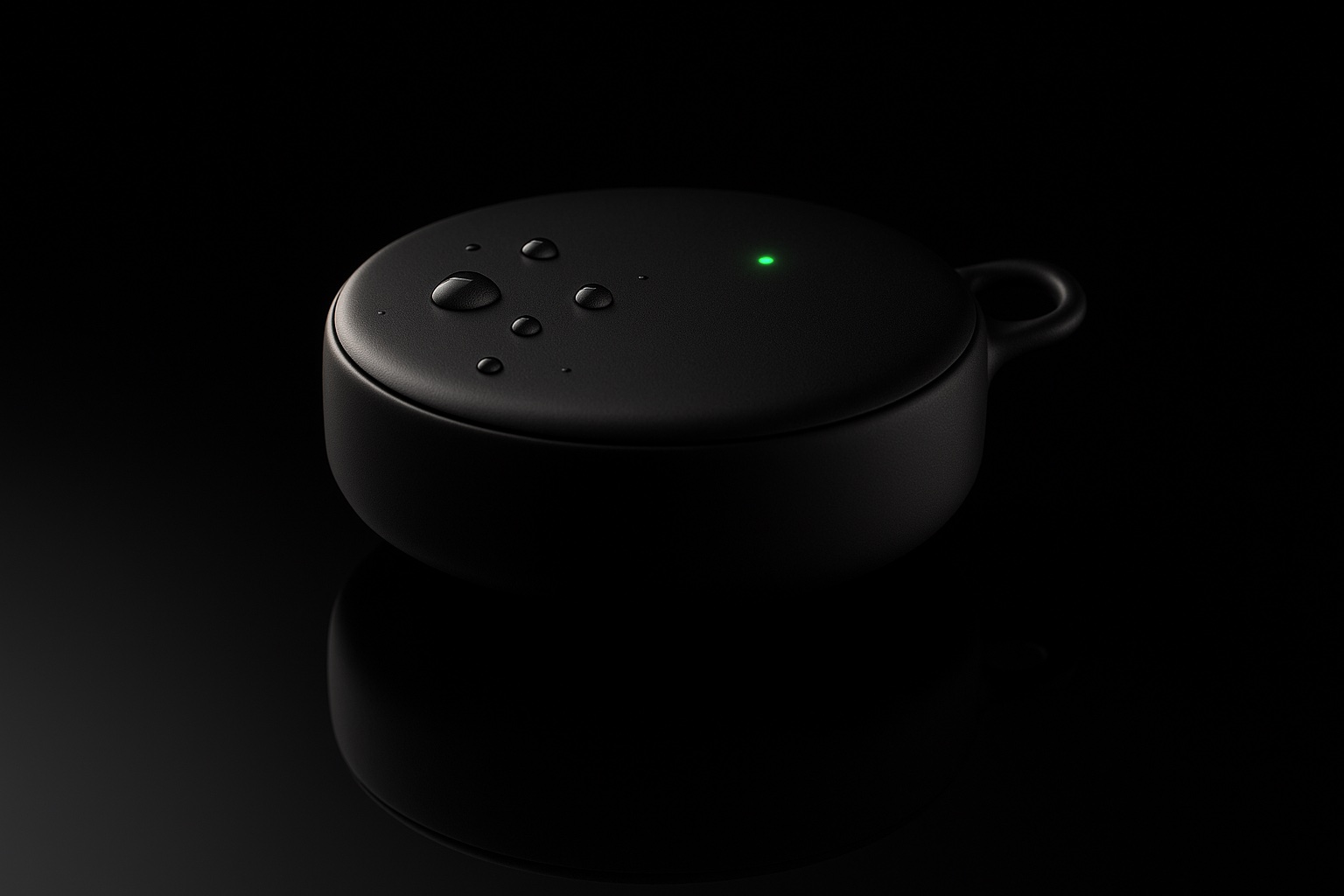 The VMGline RTK puck floating on black, rim-lit, with water droplets
